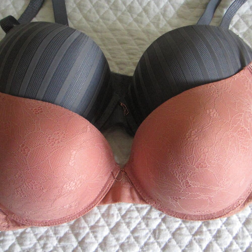 RACHEL Rachel Roy Pink Lace and Gray Striped Push-Up Bras